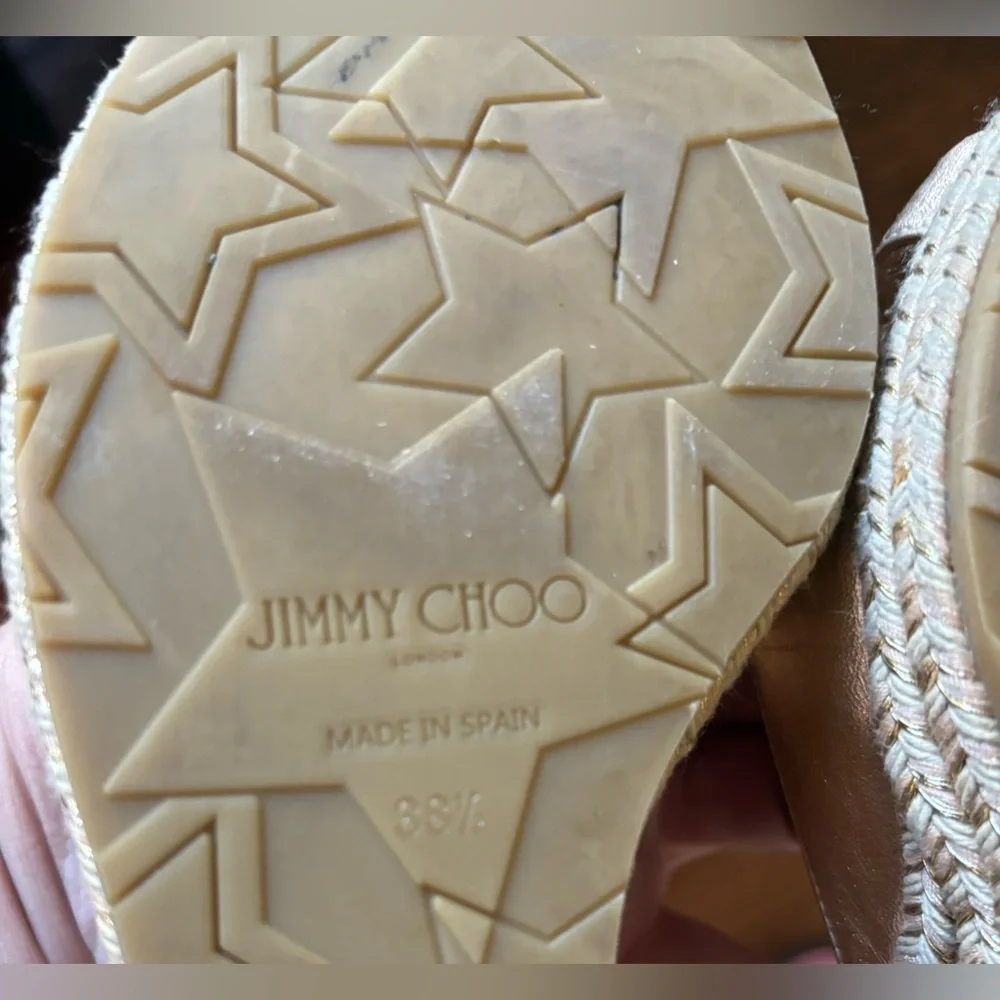 Jimmy Choo Almer Metallic Nappa Leather Wedges Braid Trim in gold, Size 38.5